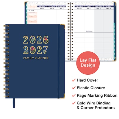 2026-2027 Excello Brands 8.5 x 11 Academic Weekly & Monthly Family Planner, Paperboard Cover, Navy Gold Numbers
