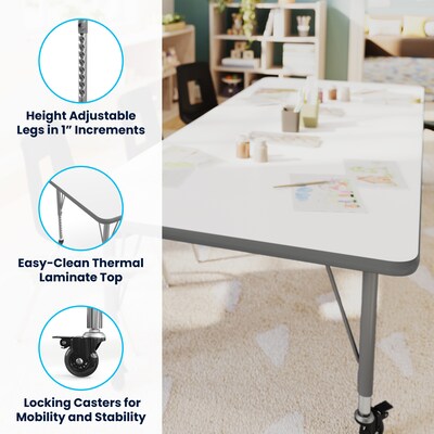 Flash Furniture Wren Rectangular Activity Table, 72" x 30", Height Adjustable, White Top/Silver Frame (XUA3072RECWHTPC)