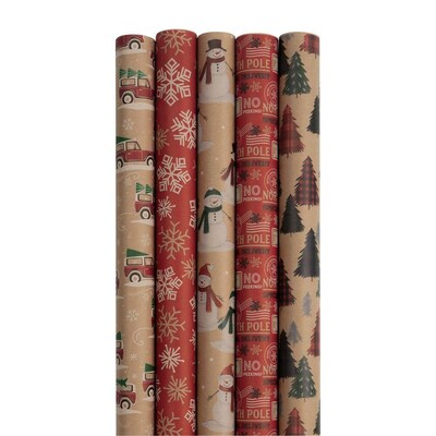 JAM Paper Christmas Wrapping Paper, 25 Sq. ft. x 30", Kids Kraft Christmas Set, 5 Rolls/Pack (165K5KRKID)
