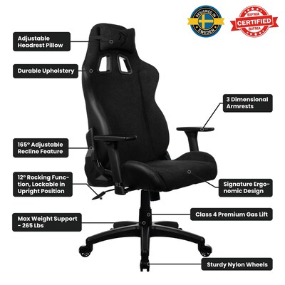 Arozzi Avanti Soft Fabric Ergonomic Racing Gaming Chair, Pure Black (AVANTI-SFB-PBK)