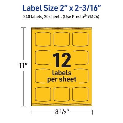Avery Laser/Inkjet Arched Square Multipurpose Labels, 2" x 2-3/16", Bright Yellow, 240/Pack (94124)