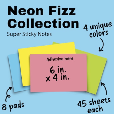 Post-it Super Sticky Notes, 4 x 6, Neon Fizz Collection, 45 Sheet/Pad, 8 Pads/Pack (6445SSP)