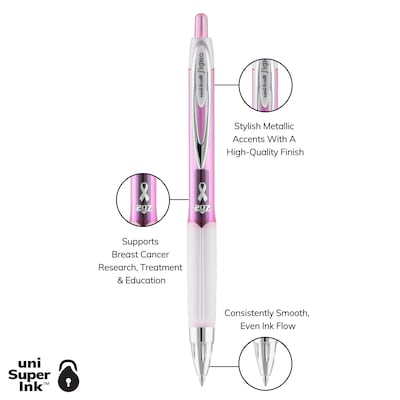 uniball 207 Pink Ribbon Retractable Gel Pens, Medium Point, 0.7mm, Black Ink, Dozen (1745267)