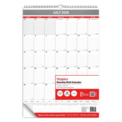 2026-2027 Staples 15.5 x 22.75 Academic Monthly Wall Calendar, White/Red/Gray (ST63501-27)
