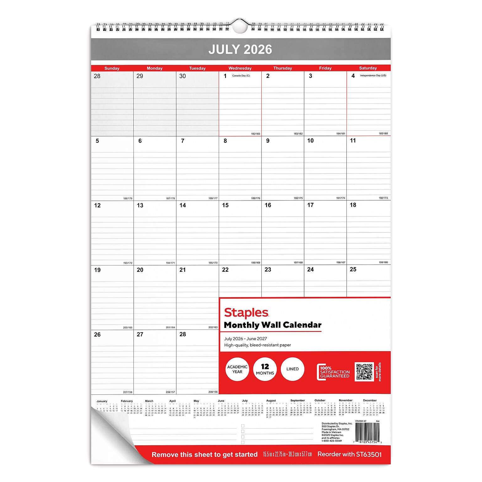 2026-2027 Staples 15.5 x 22.75 Academic Monthly Wall Calendar, White/Red/Gray (ST63501-27)