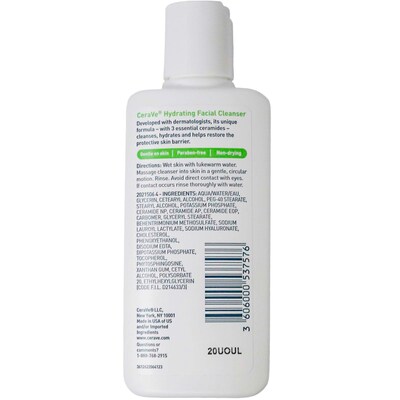 CeraVe Hydrating Facial Cleanser, 3 oz Travel Size Bottle, 8 Bottles/Bag, 12 Bags/Carton
