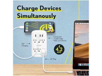 Overtime Wall Outlet Extender, 6 Outlets and 2 USB/2 USBC Ports, Surge Protector, White (OTWP6AC4USB42)