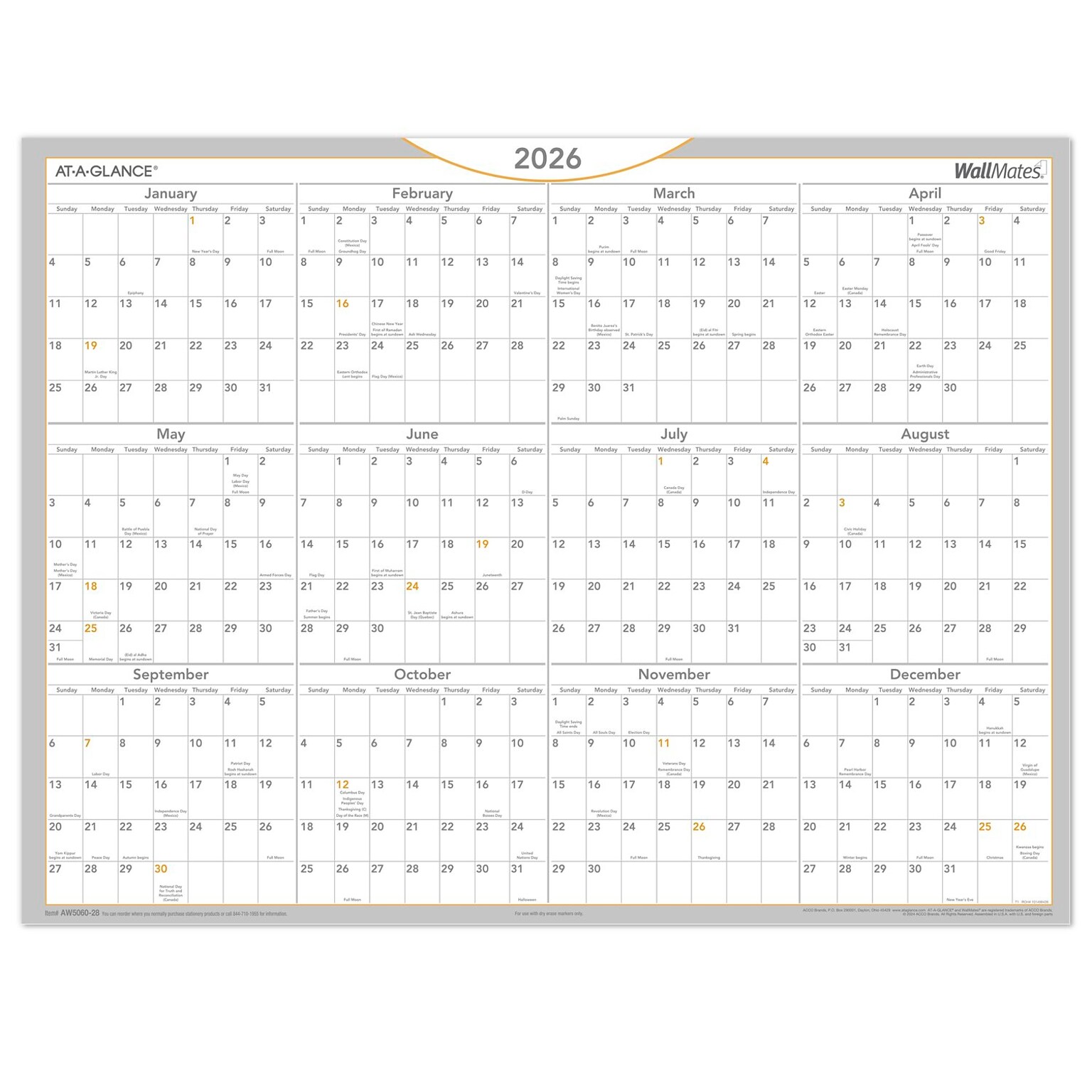 2026 AT-A-GLANCE WallMates 24 x 18 Yearly Dry-Erase Wall Calendar, White/Gray (AW5060-28-26)