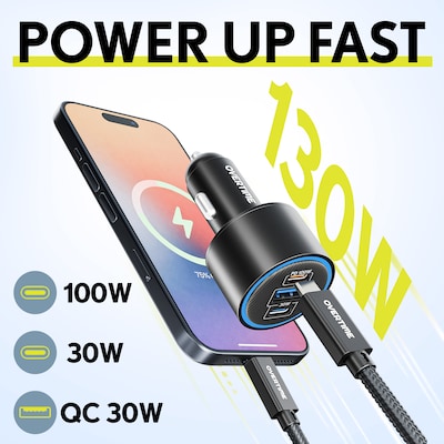 Overtime A60/C82 130W 3-Port Car Charger and 6 ft. 100W USB-C to USB-C Charging Cable Bundle, Black (OCA60BKBD1)
