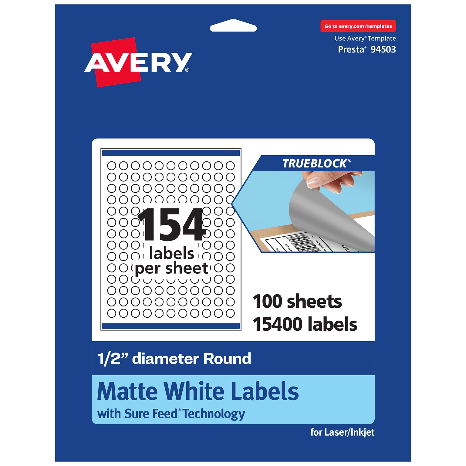 Avery Laser/Inkjet Round Multipurpose Labels, White, 154 Labels/Sheet, 100 Sheets/Pack (94503-TWMP100)