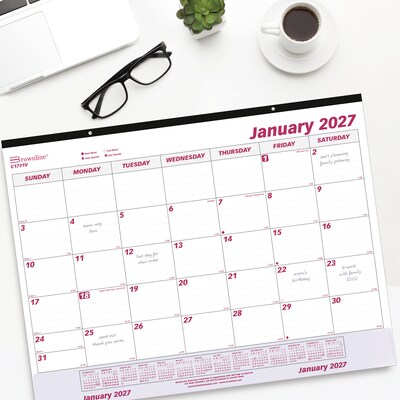 2027 Brownline 22" x 17" Monthly Desk Pad Calendar, White/Burgundy (C1731V-27)