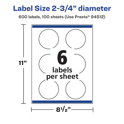 Avery Laser/Inkjet Round Multipurpose Labels, White, 6 Labels/Sheet, 100 Sheets/Pack (94512-WMP100)