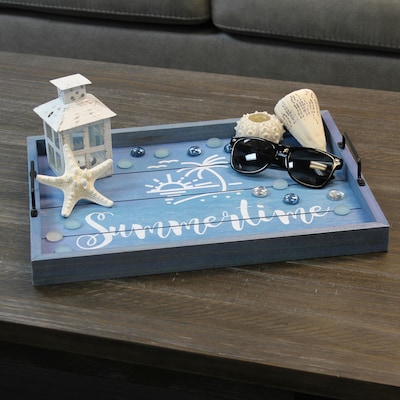 Elegant Designs "Summertime" Decorative Wood Serving Tray w/ Handles, 15.50" x 12", Blue Wash (HG2000-BST)