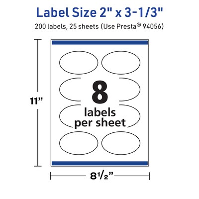 Avery TrueBlock Laser/Inkjet Oval Multipurpose Labels, 2" x 3-1/3", White, 200/Pack (94056)