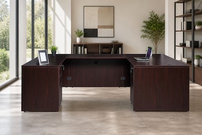 Boss Office Products 66" U-Shaped Desk with 2 File Pedestals, Mahogany (GROUPA14-M)