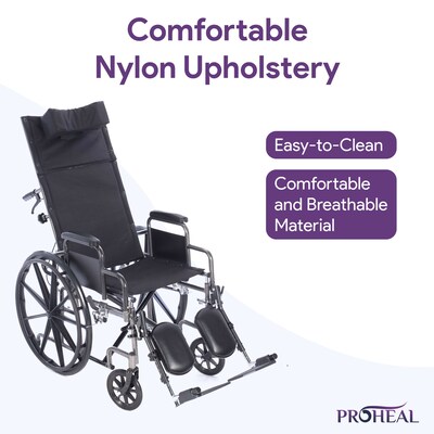 ProHeal Chariot Reclining 18" Wheelchair, Headrest Support w/ Removable Full Arms, 300 lb. Capacity, Black (PH-WCRC18FAELR)