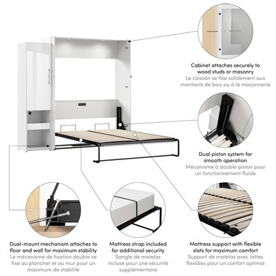 Bestar Avalon Queen Murphy Bed and Storage Cabinet with Pull-Out Shelf (87W) - High-Gloss White