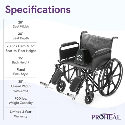 ProHeal Bariatric 28" Wheelchair, Removable Desk Arms & Elevating Leg Rests, 700 lb. Capacity, Nylon, Black (PH-WCK728DAELR)
