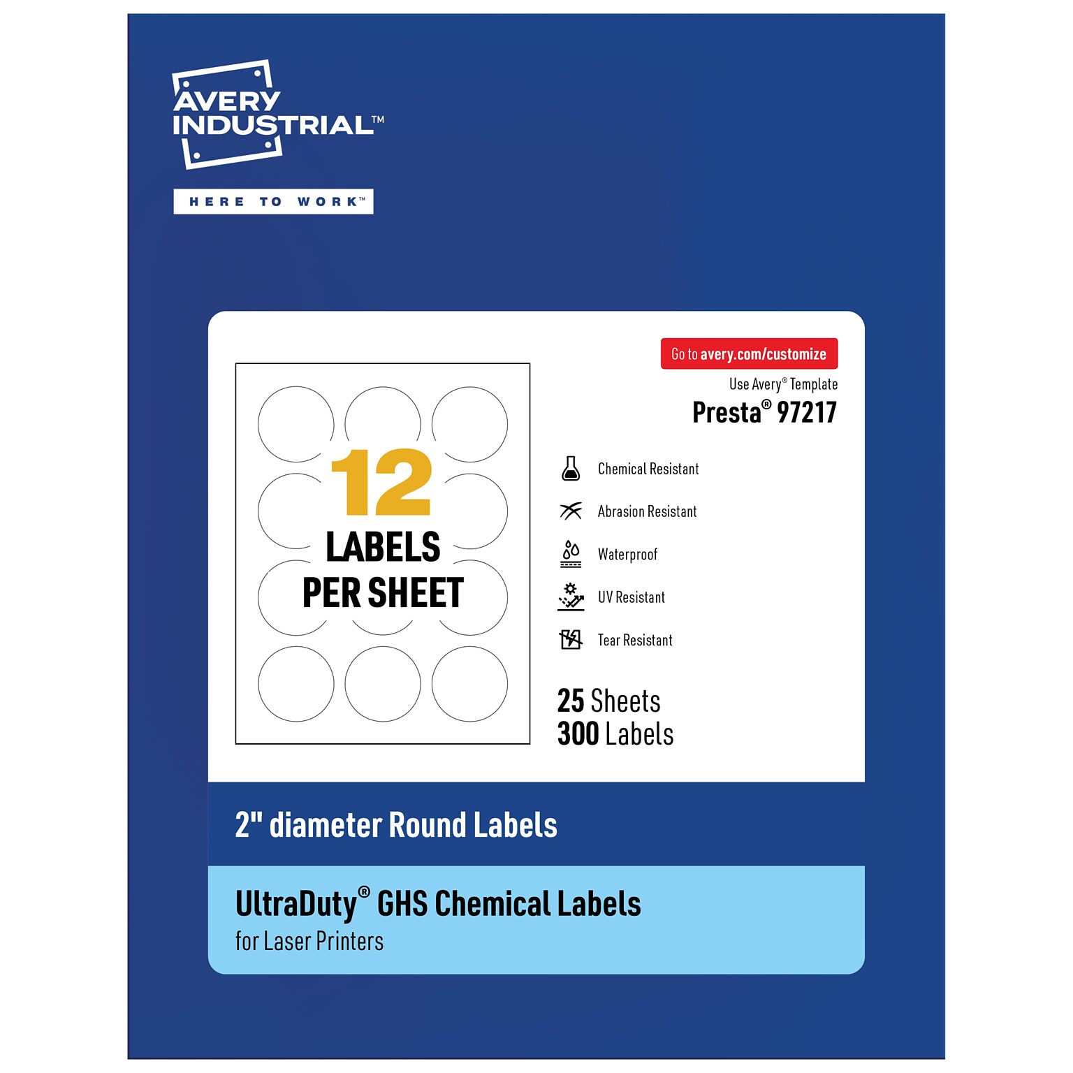 Avery Laser Round UltraDuty GHS Labels, 2 Diameter, White, 300 Labels/Pack (97217)