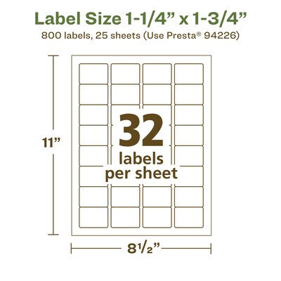 Avery EcoFriendly Laser/Inkjet Rectangle Multipurpose Labels, 1-1/4" x 1-3/4", White, 800/Pack (94226)