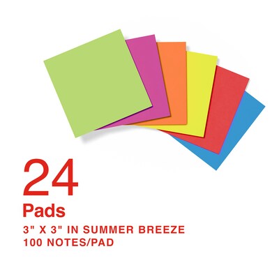 Staples Ultra Sticky Notes, 3 x 3, Summer Breeze Collection, 100 Sheets/Pad, 24 Pads/Pack (ST62882