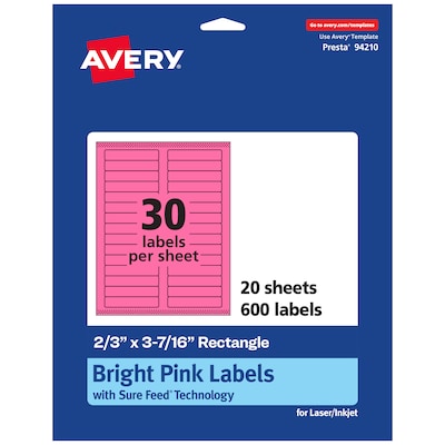 Avery Rectangle Laser/Inkjet Multipurpose Labels, 2/3 x 3-7/16, Bright Pink (600/Pack)