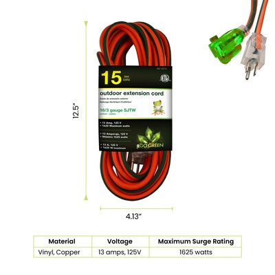 GoGreen Power 15 Indoor/Outdoor Extension Cord, 16 AWG, Orange (GG-13715)