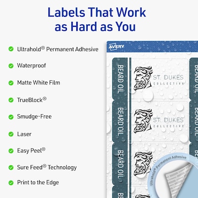 Avery Waterproof Rectangle Laser Multipurpose Labels, 2 x 3.75, White, 400/Box (19479399302)