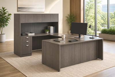 Boss Office Products 66"W U-Shaped Executive Desk with Box/Box/File Storage Pedestal and 4 Door Hutch, Driftwood (GROUPA15-DW)
