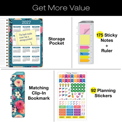 2026-2027 Excello Brands 8" x 5.5" Academic Weekly & Monthly Planner, Paperboard Cover, Teal Floral (FSHN-AY26-58-17)