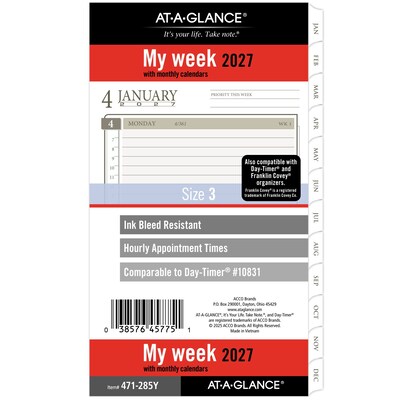 2027 AT-A-GLANCE 3.75 x 6.75 Weekly & Monthly Planner Refill, White/Brown (471-285Y-27)