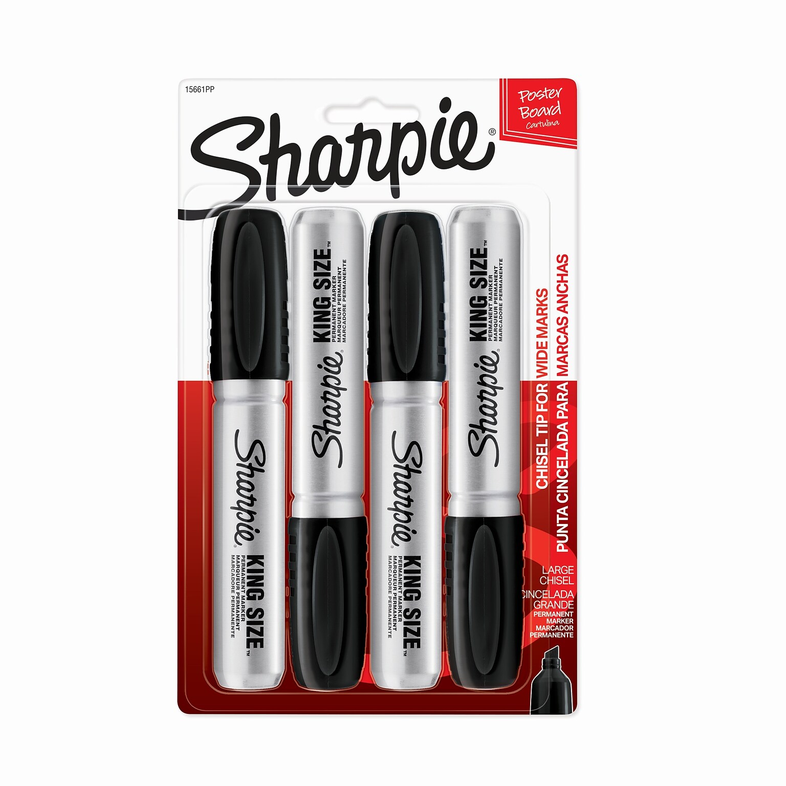 Sharpie King Size Permanent Markers, Chisel Tip, Black, 4/Pack (15661)
