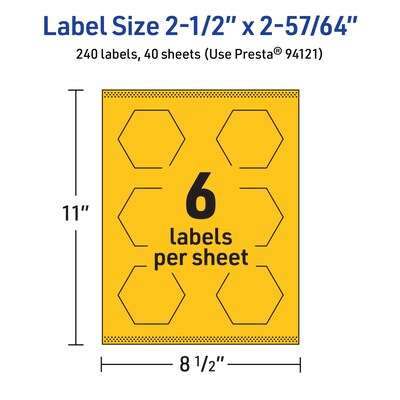 Avery Hexagon Laser/Inkjet Multipurpose Labels, 2-1/2" x 2-57/64", Bright Yellow (240/Box)