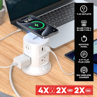 RAYOVAC Charging Tower 6-Outlet 4-USB Port Surge Protector with Wireless Charging, 5-ft., 540 Joules, White (SS-Q913)