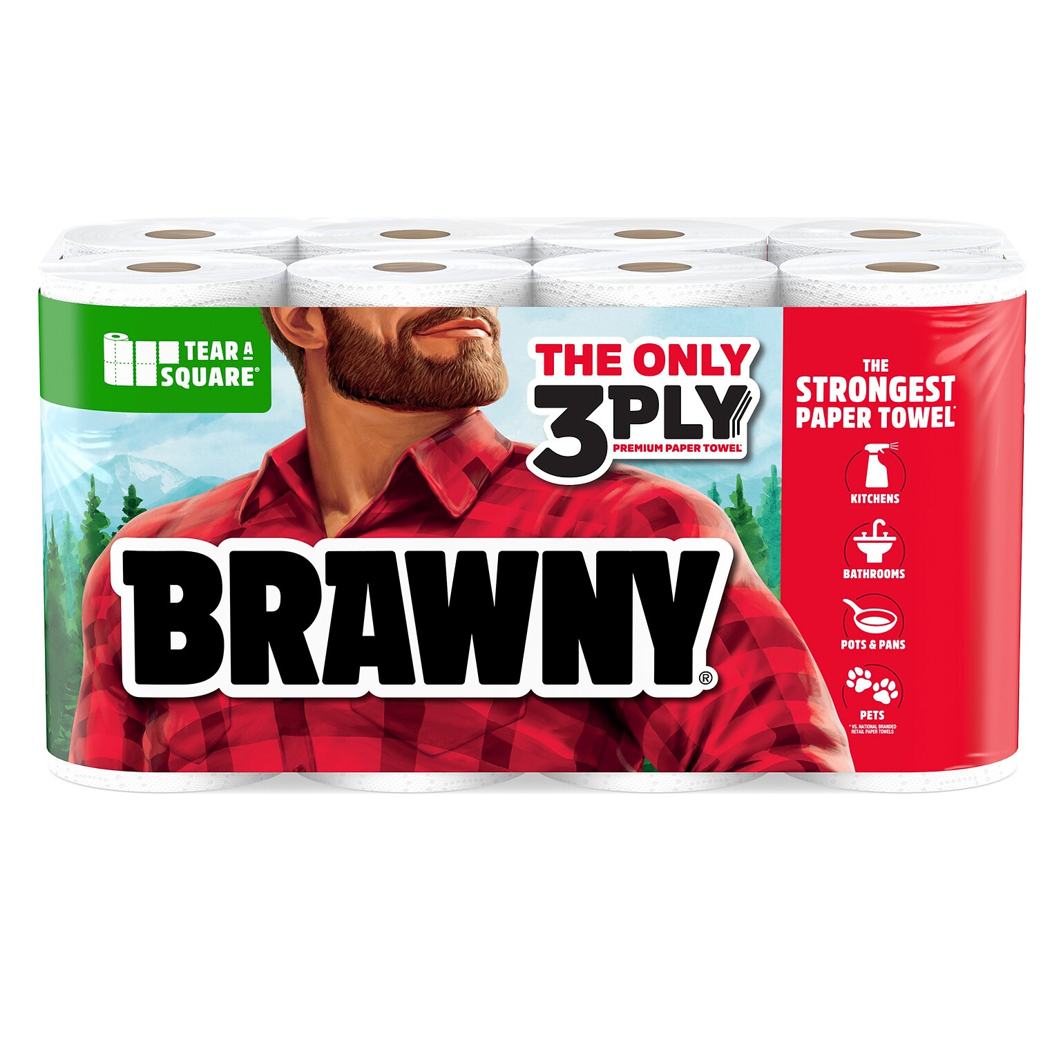Brawny Tear-A-Square Paper Towels, 3-ply, 76 Sheets/Roll, 8 Rolls/Pack (446005)