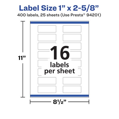 Avery Durable Removable Rectangle Multipurpose Labels, 1" x 2-5/8", White, 400/Pack (94201)