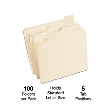 Quill Brand® File Folders, 1/5-Cut Assorted, Letter Size, Manila, 100/Box (740139)