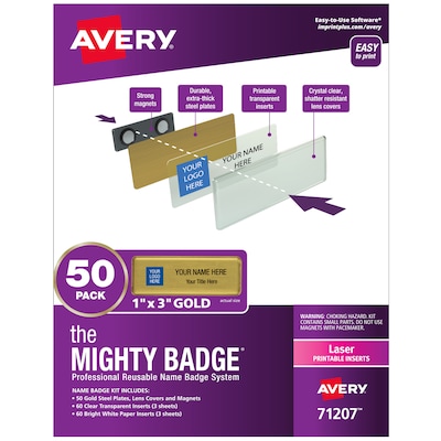 Avery The Mighty Badge Laser Reusable  Magnetic Name Badge System, 1 x 3, Gold, 120 Inserts, 50/Pa