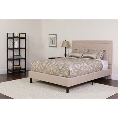 Flash Furniture Roxbury Tufted Upholstered Platform Bed in Beige Fabric with Pocket Spring Mattress, Queen (SLBM19)