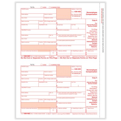ComplyRight 2026 1099-NEC Tax Form, 1-Part, 3-Up, Federal Copy A, 50/Pack (NEC511050)