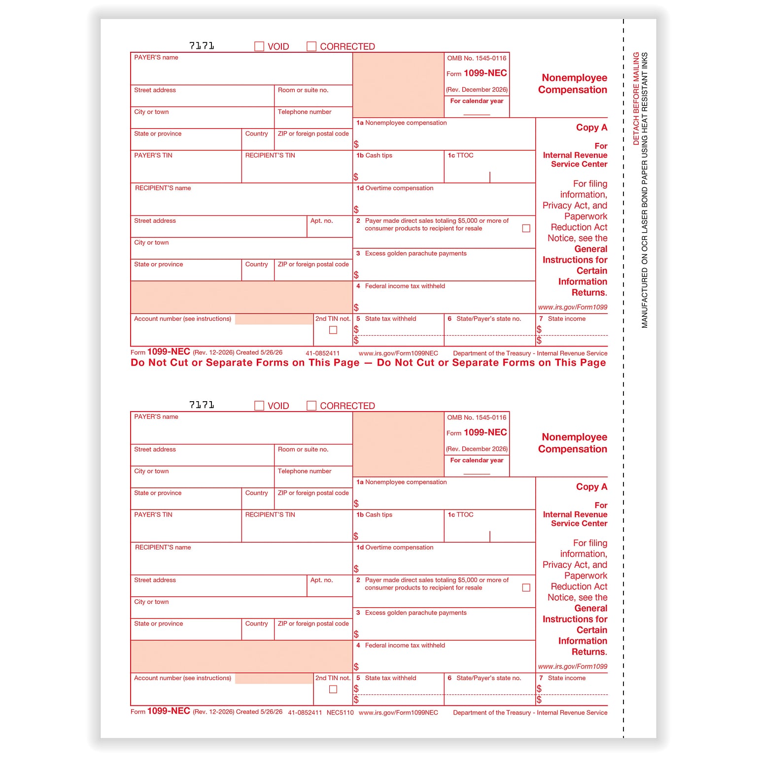 ComplyRight 2026 1099-NEC Tax Form, 1-Part, 3-Up, Federal Copy A, 50/Pack (NEC511050)