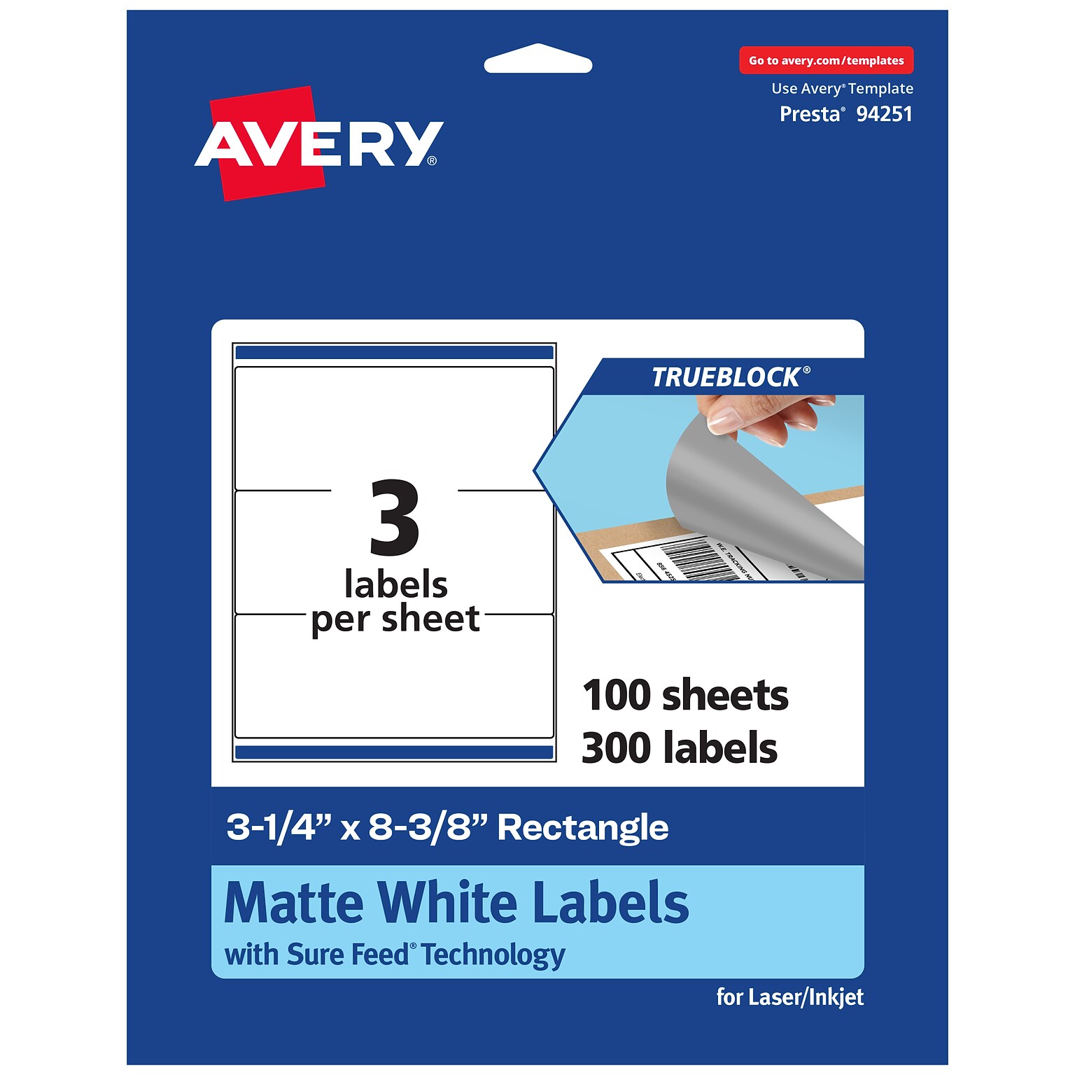 Avery TrueBlock Laser/Inkjet Rectangle Multipurpose Labels, 3-1/4 x 8-3/8, White, 300/Box (94251)