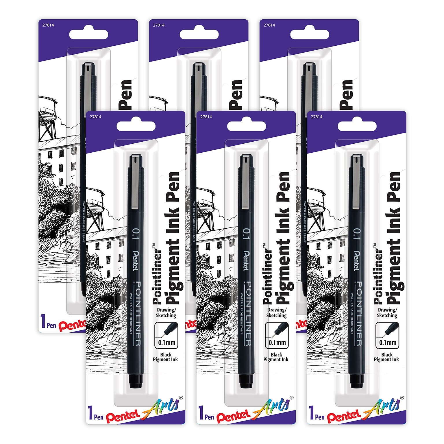 Pentel Arts Pointliner Pen, Black Pigment Ink, 6/Pack (PTAS20P1BPA-6)