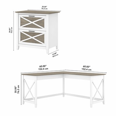 Bush Furniture Key West 60"W L Shaped Desk with 2 Drawer Lateral File Cabinet, Shiplap Gray/Pure White (KWS014G2W)