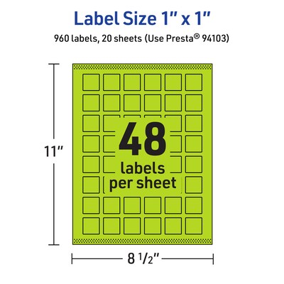 Avery Laser/Inkjet Multipurpose Square Labels, 1" x 1", Bright Green, 960/Pack (94103)