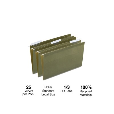 Quill Brand® Premium Reinforced 100% Recycled Hanging File Folders, 1/3-Cut, Legal Size, Green, 25/Box (76313P)