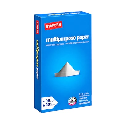 Staples Multipurpose Laser Inkjet Copy Paper, 8 1/2 Inch x 14 Legal Size, 20 lb., 96 Bright White, ColorLok, Ream