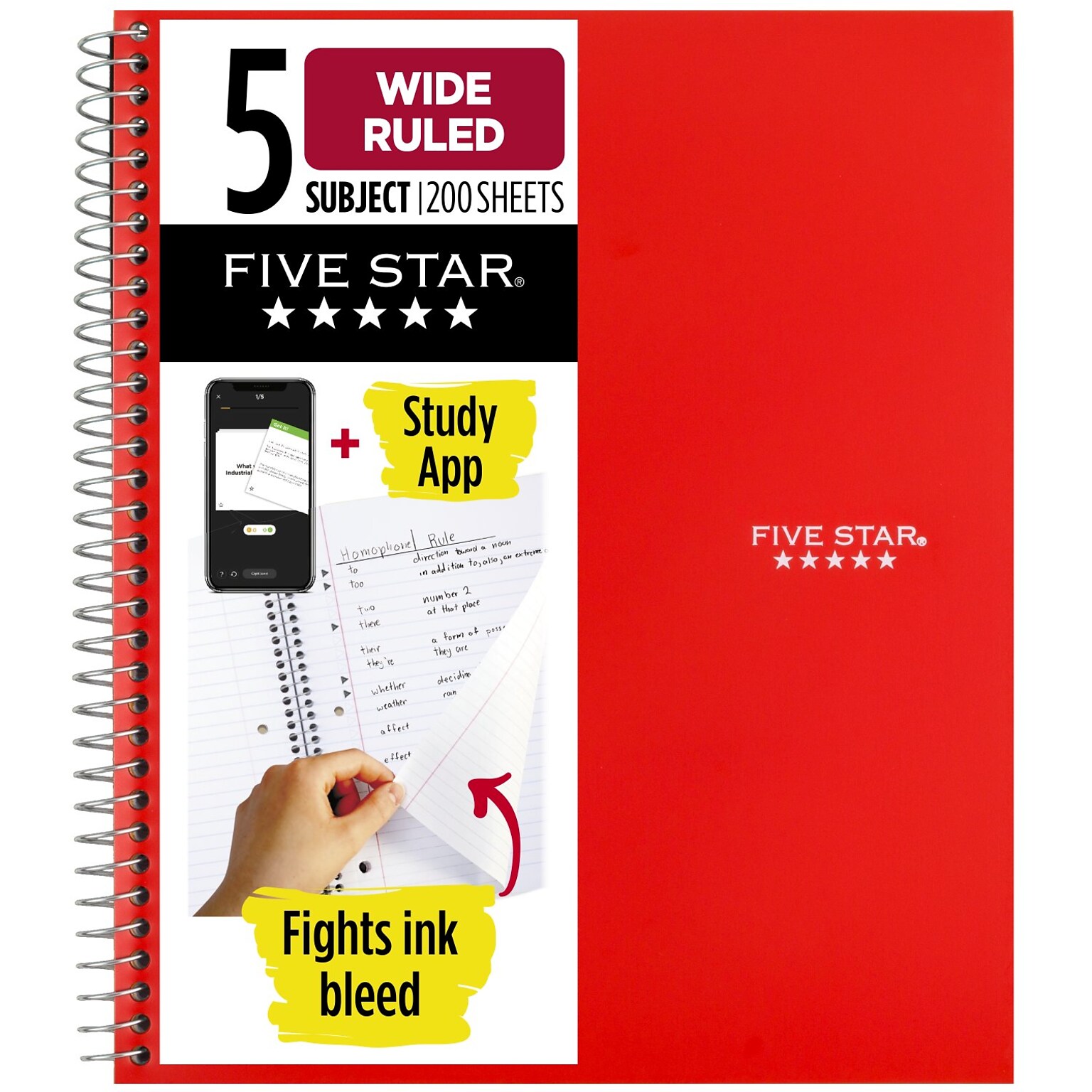 Five Star 5-Subject Subject Notebooks, 8 x 10.5, Wide Ruled, 200 Sheets, Each (51016)