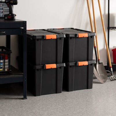 Iris Heavy Duty 78 Qt. Stackable Storage Bin with Latching Lid, Plastic, Black/Orange, 4/Pack (500154)