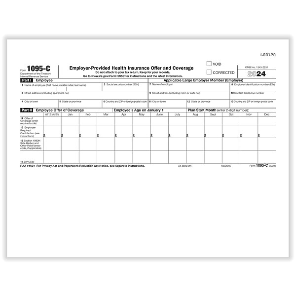 FOMARE 今/GIFT / 1095 ComplyRight 2025 1095-C Tax Form, 1-Part, White/Black, 50